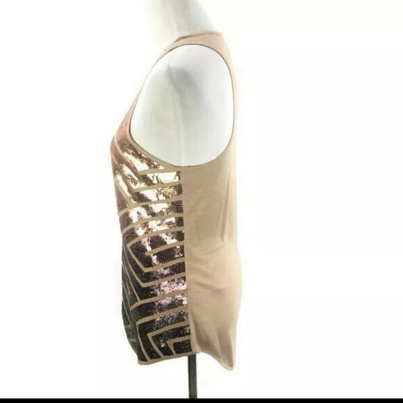 BCBG Sequin Tank Top Cami High Low Hem Tan Boho Contemporary Womans Size Large - Picture 2 of 10